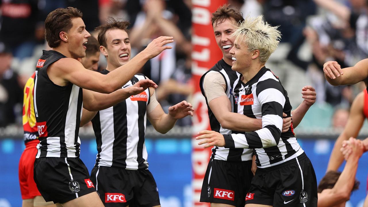 Jack Ginnivan of the Magpies celebrates after scoring a goal. Photo by Robert Cianflone/Getty Images