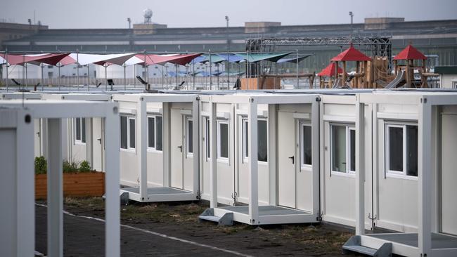 Container homes for refugees at the Tempelhofer Feld former airfield in Berlin. The village of 256 apartments made of three containers each offers space for more than 1000 refugees. Picture: AFP