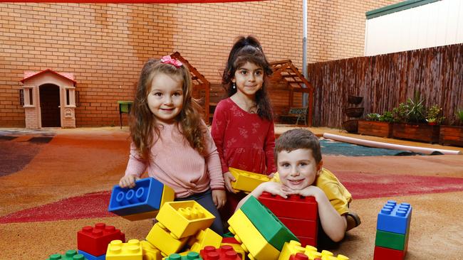 Children thrive with early care and education: Emilia Romovic, Merna Said and Maximus Karantonis. Picture: Richard Dobson