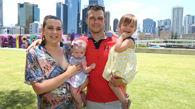 Boxer Jeff Horn pictured with wife Jo and kids Charlotte and Isabelle at Brisbane Southbank after his fight against Michael Zerafa. Picture: AAP