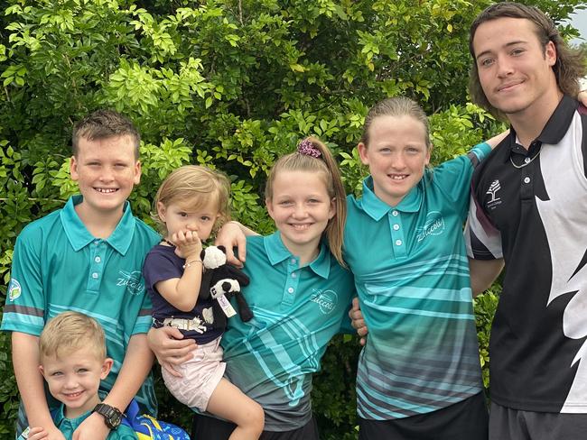 A lot of firsts for the Breedy Bunch, including Harvey Finn, 3, Patrick Finn, 11, Isabelle-Mae Finn, 2, Katie-Rose Breed, 10, Alana Finn, 10, and Jim Price, 17.