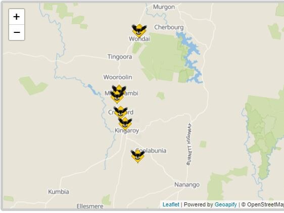 Screenshot of reported magpie swooping areas in the South Burnett.