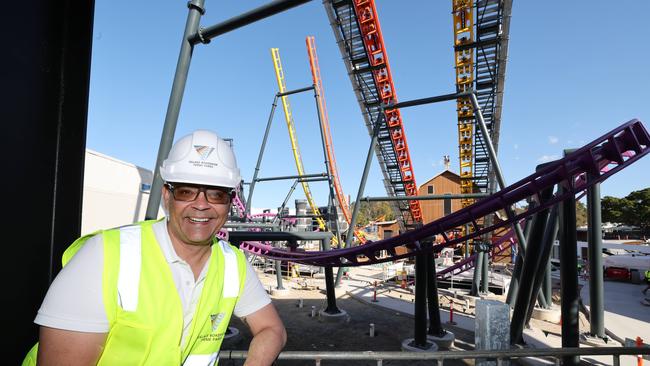 Village roadshow COO Bikash Randhawa looks over construction of the Wizard of Oz Precinct at Movie World. Picture Glenn Hampson