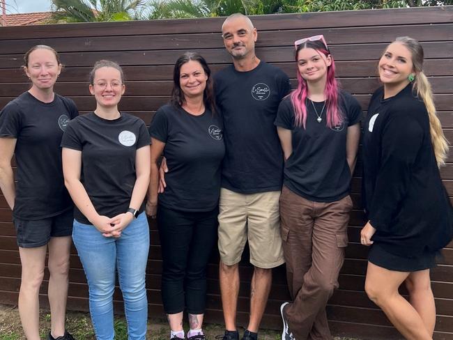 A woman’s love for coffee and childhood nostalgic has lead to the revival of a decade old Bowen region cafe, securing the title of the region’s best cafe. Pictured: L-R Jessica Cooke, Kaileigh Cora, Tania Mairhofer, Marcus Mairhofer, Kyla Mairhofer and Bethany Surman.