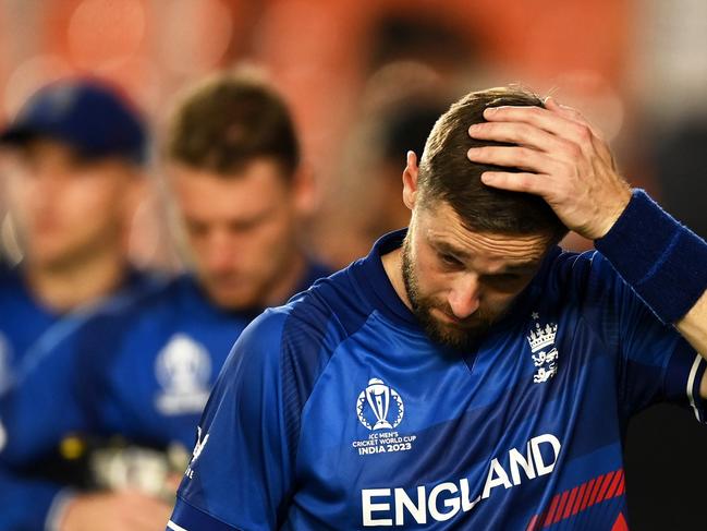 AHMEDABAD, INDIA - OCTOBER 05: Chris Woakes of England cuts a dejected figure following the ICC Men's Cricket World Cup India 2023 between England and New Zealand at Narendra Modi Stadium on October 05, 2023 in Ahmedabad, India. (Photo by Gareth Copley/Getty Images)