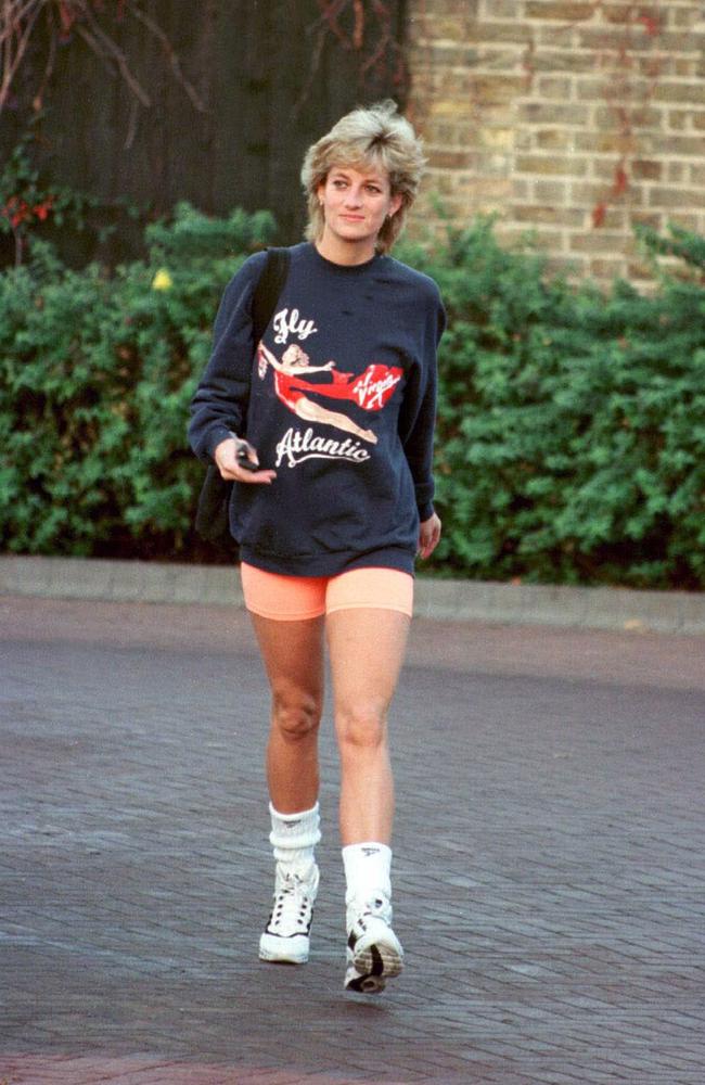 Princess Diana wearing a Virgin Atlantic sweatshirt leaving London’s Chelsea Harbour Club in 1995. Picture: Anwar Hussein/WireImage