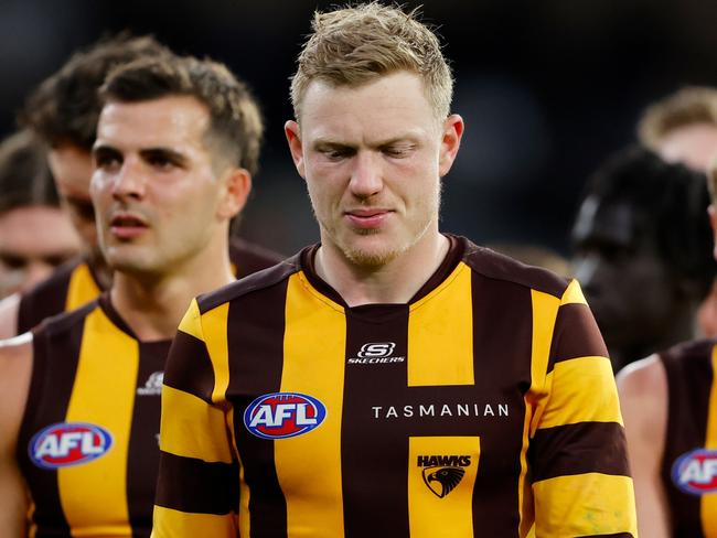 MELBOURNE - APRIL 10: James Sicily of the Hawks looks dejected after a loss during the 2023 AFL Round 04 match between the Geelong Cats and the Hawthorn Hawks at the Melbourne Cricket Ground on April 10, 2023 in Melbourne, Australia. (Photo by Dylan Burns/AFL Photos via Getty Images)