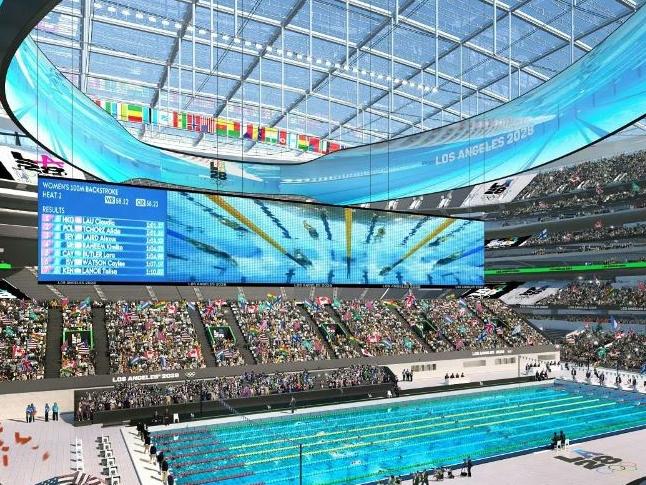 An artist’s impression of the swimming venue that will be built at Sofi Stadium for the Los Angeles Olympics.