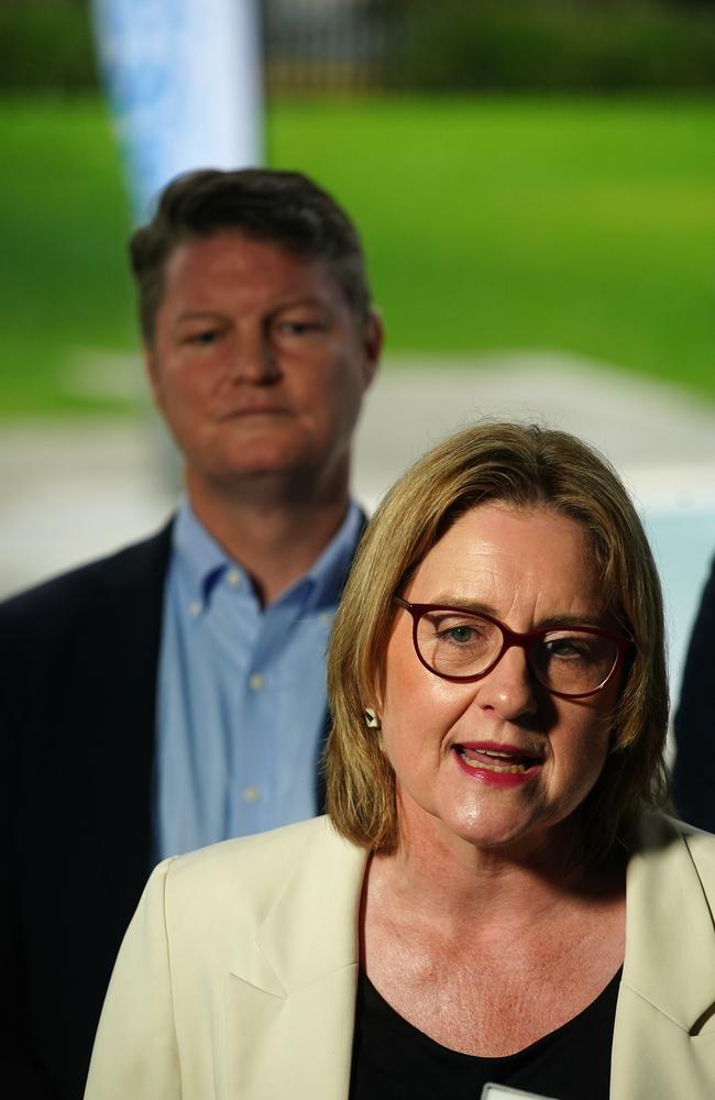 Jacinta Allan and deputy premier Ben Carroll giving a press conference in Werribee. Picture: Luis Enrique Ascuia