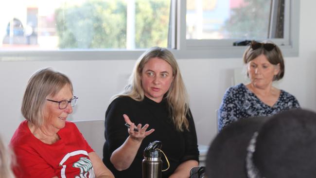 Director of Blue Policy & Planning at Blue Economy CRC Angela Williamson talks to attendees at Blue Economy CRC drop-in regarding fish farming infrastructure off Burnie. Picture: Elise Kaine