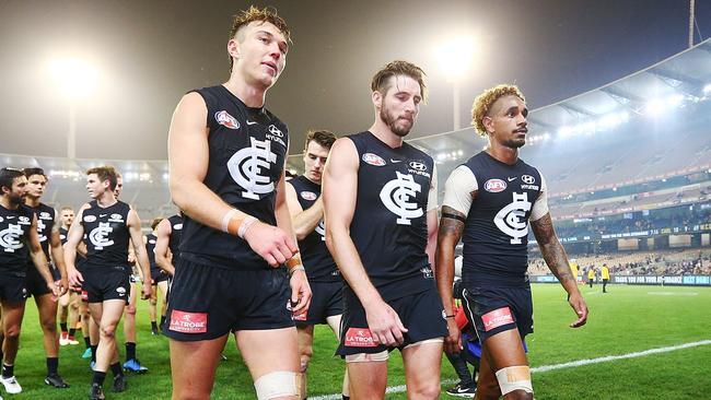 Carlton is winless so far in 2018 but Thomas is enjoying his footy both on and off the field as he is mentoring young players. Picture: Getty