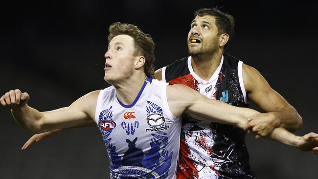 Nick Larkey and Paddy Ryder do battle in the ruck. Picture: Daniel Pockett/AFL Photos/via Getty Images