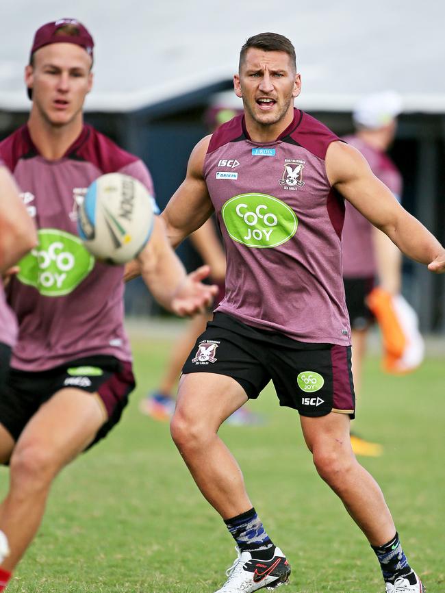 Manly Sea Eagles player (R) Lewis Brown during a team training session at Narrabeen. Picture: Troy Snook