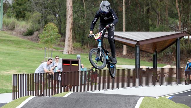 Linus Kurz-Morris enjoying the new Victoria Park Urban Pump Track. Picture: David Clark