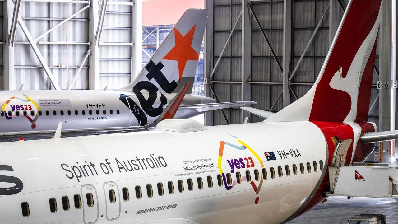 Qantas has unveiled its new livery on three aircraft, in support of the Voice to Parliament referendum. Picture: Qantas