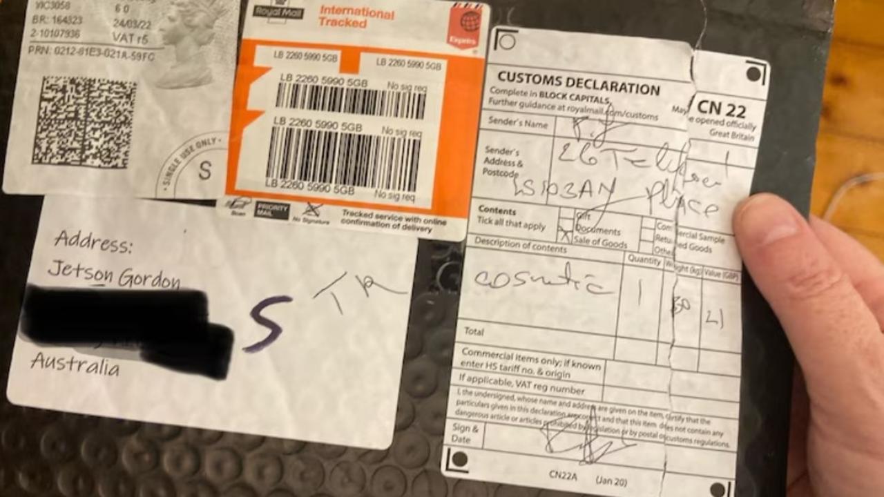 Jetson Gordon died after taking a pill shipped in this package from the UK. Picture: Supplied