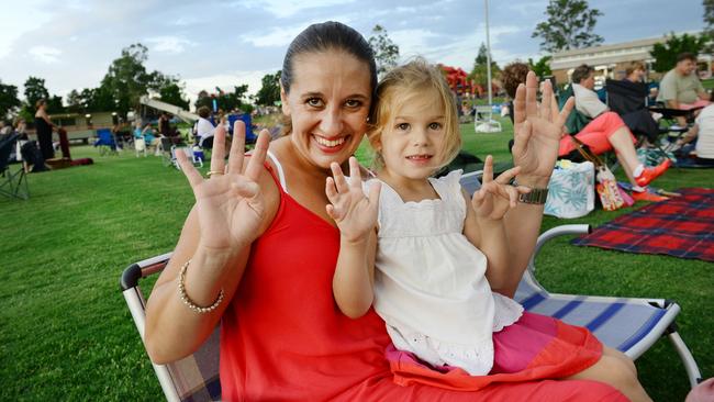 Donna Isaacs of North Ipswich and her daughter Teah, 4, rang in 2015 at North Ipswich Reserve. Picture: David Nielsen