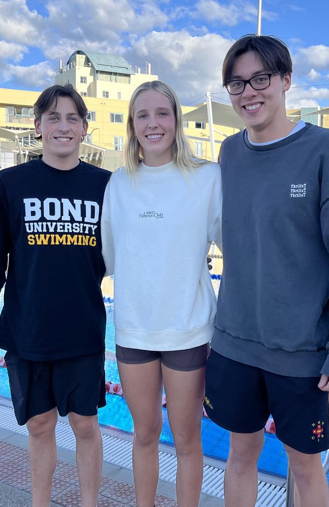 Bond University swimmers (from left) Jesse Coleman, Milla Jansen, Joshua Collett