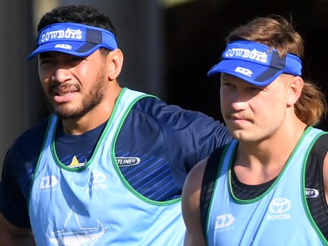 NQ Cowboys training at Cowboys HQ at the Hutchinson Builders Centre. Jason Taumalolo and Reuben Cotter. Picture: Evan Morgan