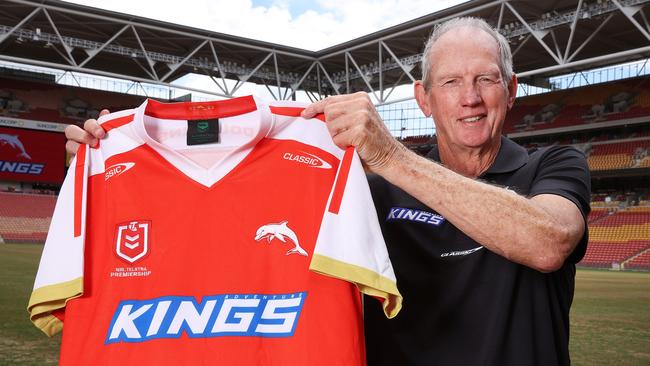 Coach Wayne Bennett shows off the Dolphins’ heritage jeersey. Picture: Liam Kidston