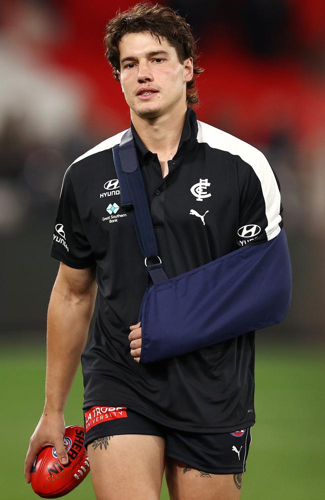 An injured Liam Stocker at the Blues in 2022. Photo by Michael Klein