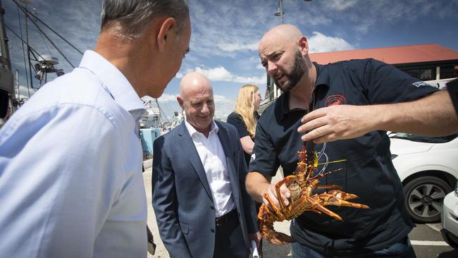 Premier Peter Gutwein (centre) speaking with Michael Blake (right) from the Australian Southern Rock Lobster Export Association about the southern rock lobster industry at Victoria Dock in Hobart. Picture: LUKE BOWDEN