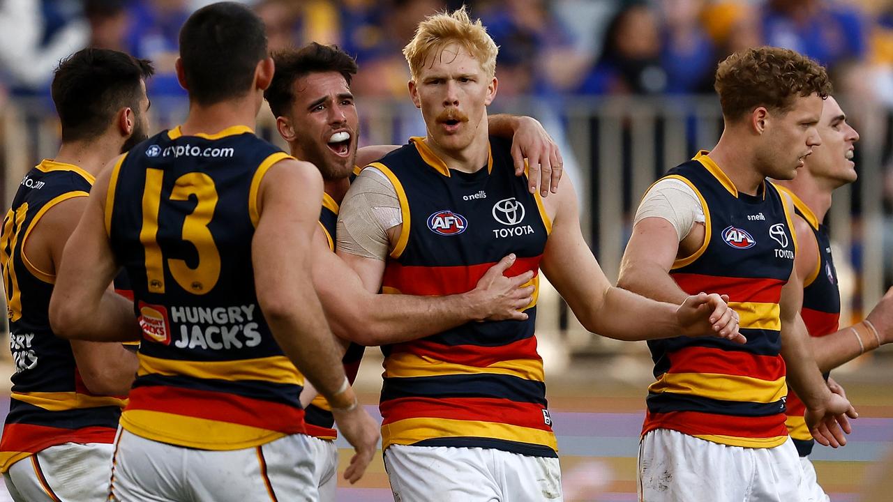 Crow Elliott Himmelberg celebrates the winning goal for Adelaide. Picture: Paul Kane