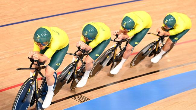 Kelland O'Brien, Sam Welsford, Leigh Howard and Alex Porter compete in the men's track cycling team pursuit qualifying event. Picture: AFP