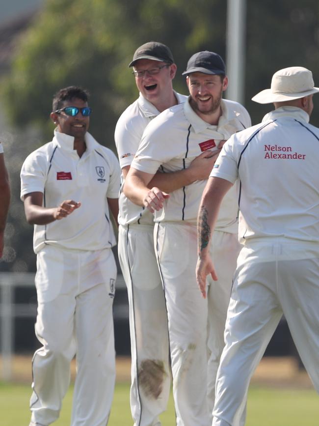 Aberfeldie players celebrate a wicket on day one. Picture: David Crosling