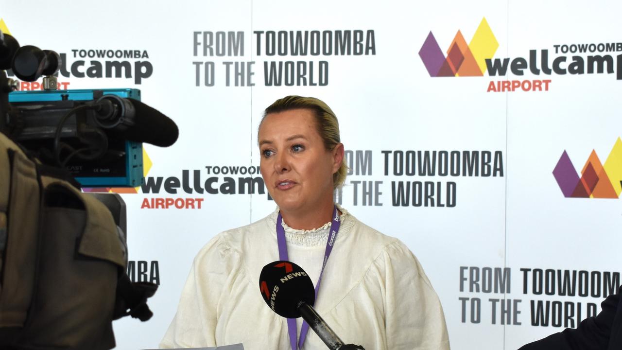 Airport general manager Kellie Banditt talking to the media at Wellcamp Airport on November 2, about how they are helping QFES.