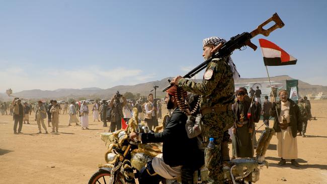 Armed supporters of Yemen's Houthi rebels attend a rally in solidarity with the Palestinian Hamas movement's armed resistance against Israel in the capital Sanaa. Picture: AFP