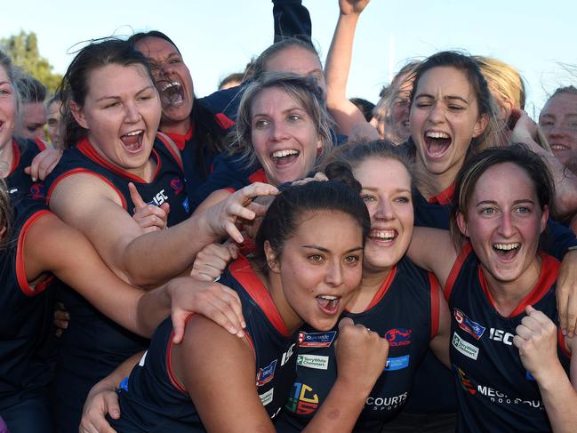 1/4/17 SANFL women's grand final North Adelaide v Norwood at Unley Oval. Jubilant players for Norwood after their Grand Final win. Picture Roger Wyman