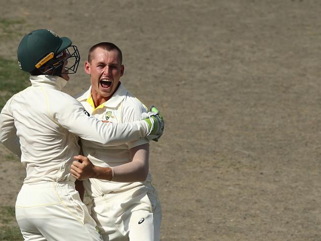 Marnus Labuschagne celebrates his first Test wicket, of Asad Shafiq. Picture: Getty