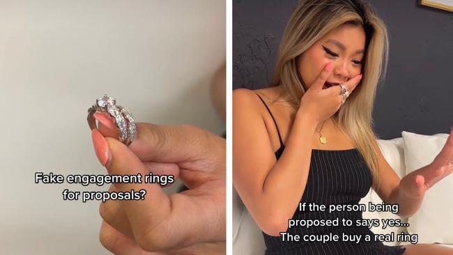 Fake rings act as a placeholder until couples find something they both like after the proposal. Picture: Instagram / @sterlingforever