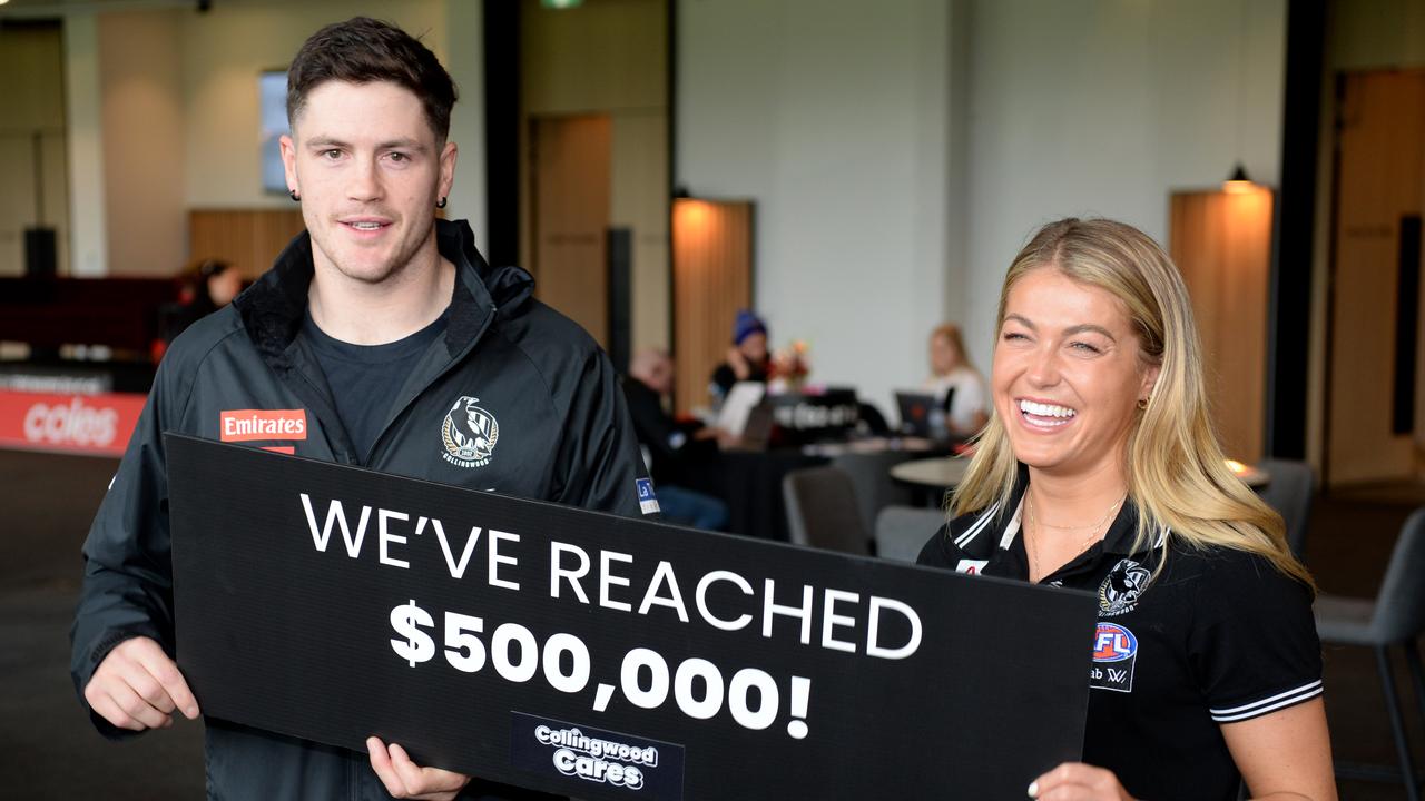 Jack Crisp and Sarah Rowe runs at the Collingwood Cares fundraiser at the Glasshouse. Picture: Andrew Henshaw