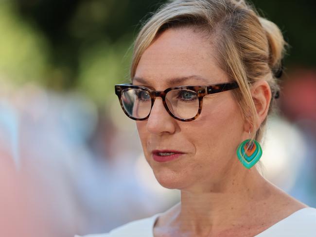 Greens senator Larissa Waters talks at a press conference in Brisbane on Tuesday. Picture Lachie Millard