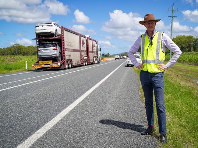 Transport and Roads Minister Mark Bailey met with road crews along the Bruce Highway near Calen on Thursday, January 19, 2023, as part of his inspection following the rainfall event in North Queensland. Picture: Heidi Petith