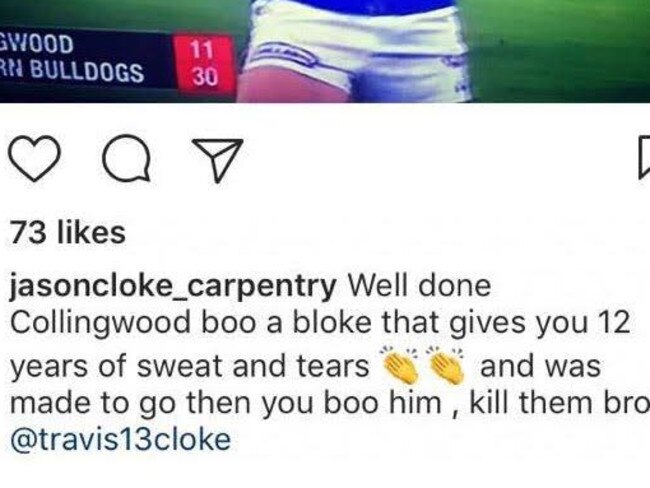 Jason Cloke's not happy with Collingwood fans booing Travis Cloke.