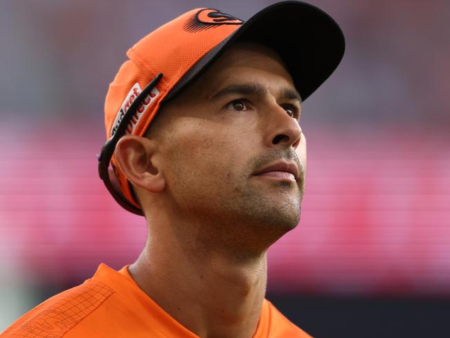 PERTH, AUSTRALIA - DECEMBER 26: Ashton Agar of the Scorchers looks on during the Men's Big Bash League match between the Perth Scorchers and the Adelaide Strikers at Optus Stadium, on December 26, 2022, in Perth, Australia. (Photo by Paul Kane/Getty Images)