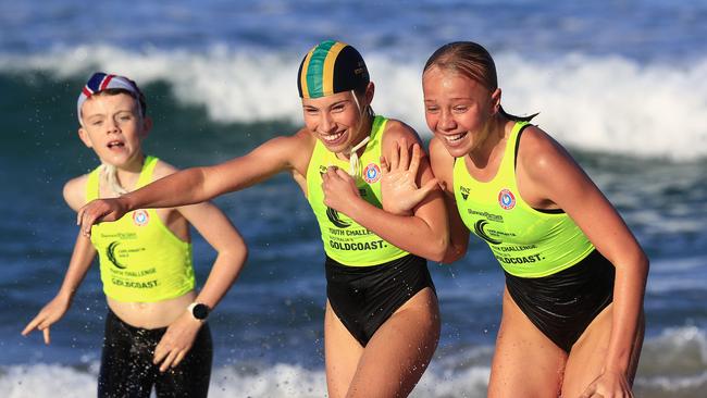 Young Coolangatta Gold entrants Eli Fawaz 10, Coolangatta, Ava Spyer, 12, Burleigh, and Stella de la Port, 12 from Burleigh ahead of the big weekend.