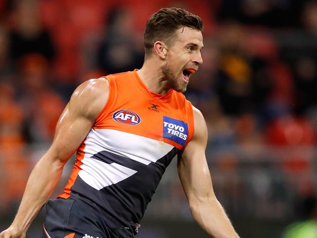SYDNEY, AUSTRALIA - SEPTEMBER 16: Brett Deledio of the Giants celebrates a goal during the 2017 AFL First Semi Final match between the GWS Giants and the West Coast Eagles at Spotless Stadium on September 16, 2017 in Sydney, Australia. (Photo by Adam Trafford/AFL Media/Getty Images)