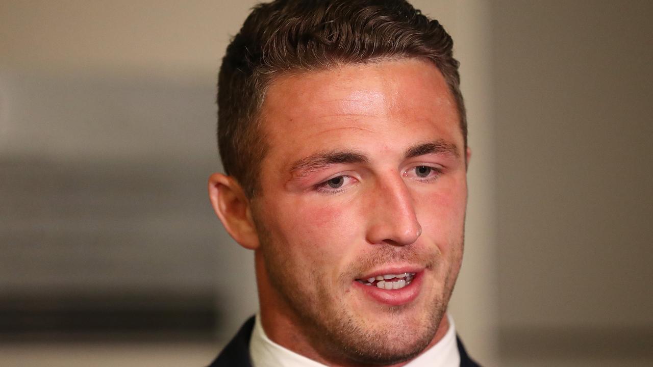 Sam Burgess speaks to media following the judiciary hearing at NRL HQ.