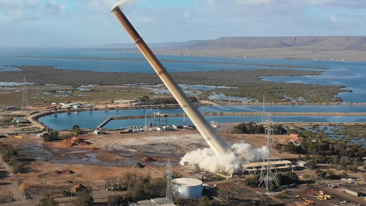 The last of Port Augusta’s coal-fired power station’s stacks is demolished.