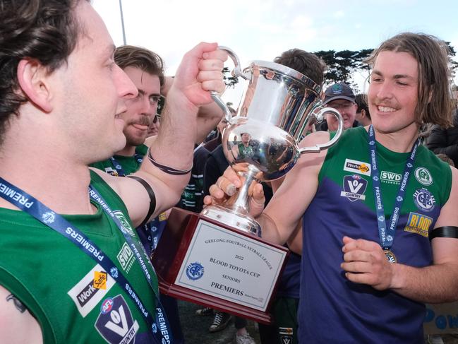 Max Augerinos and Harry Benson share the cup together. Picture: Mark Wilson