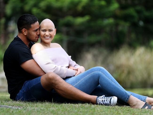 Broncos player Joe Ofahengaue and his girlfriend Sofi Leota, who has been battling breast cancer. Picture: Tara Croser