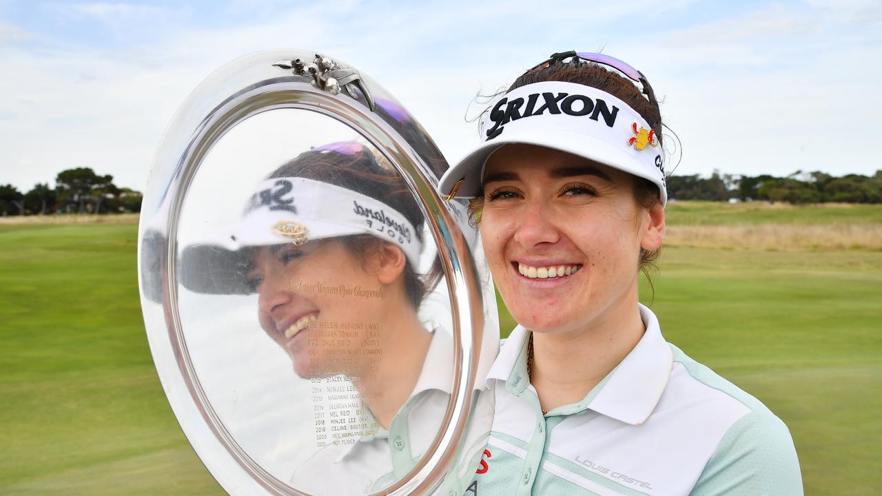 Hannah Green with the Vic Open plate at Thirteenth Beach. Picture: Golf Australia