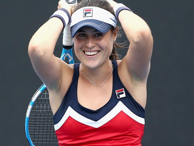 Kimberly Birrell celebrates winning her match against Astra Sharma.