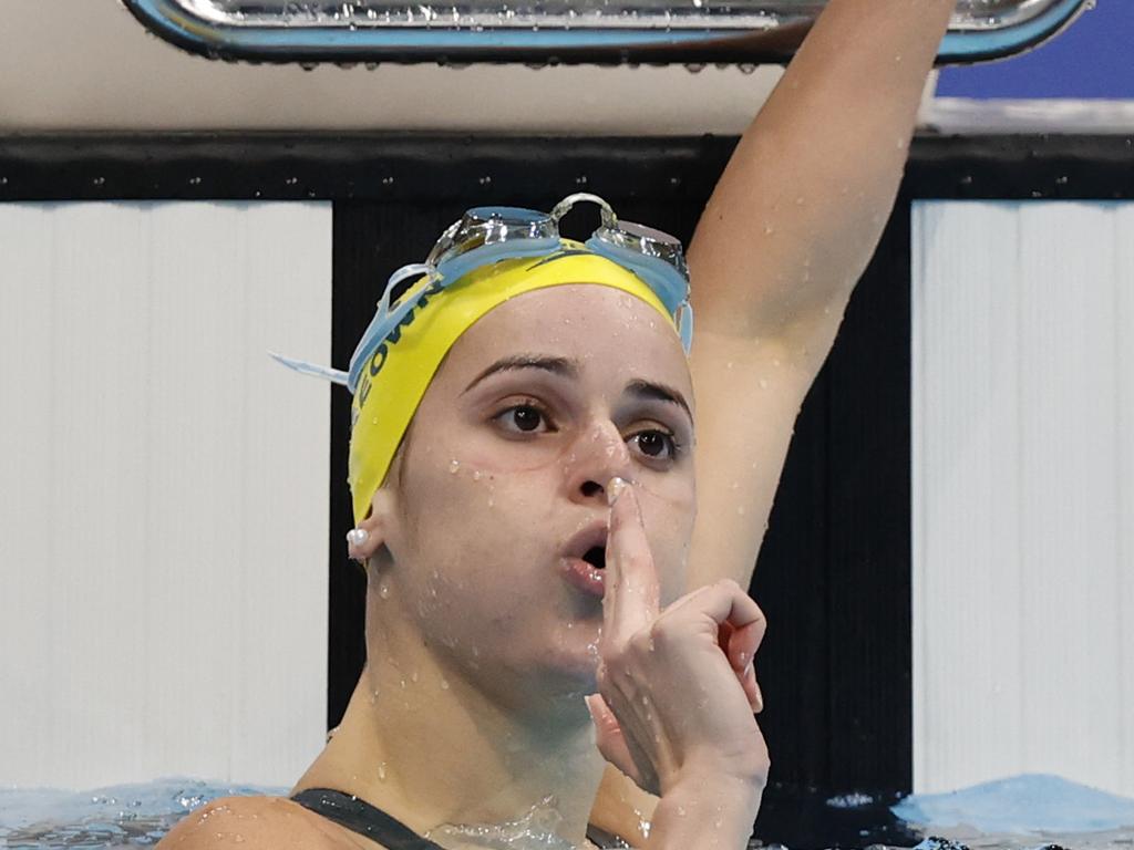 McKeown famously responds after taking gold in the 100m backstroke. Picture: Alex Coppel.