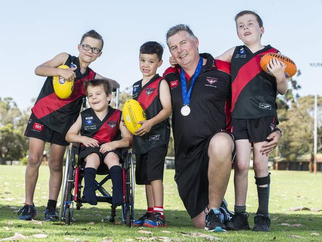 Cooper Johnson, Archer Johnson, Ryder Johnson, medallist Rob Geersen and Bradley Geersen of Coolbinia Football Club. Picture: Simon Santi