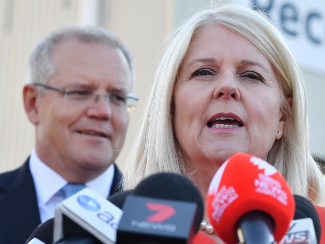 Australian Prime Minister Scott Morrison and Federal Minister for Industry, Science and Technology Karen Andrews speak to the media following a tour of the Downer Recycling Processing Facility in Sydney, Tuesday, August 13, 2019. The Prime Minister today announced a new $20 million dollar commitment for innovative projects to grow Australia's domestic recycling industry. (AAP Image/Dean Lewins) NO ARCHIVING